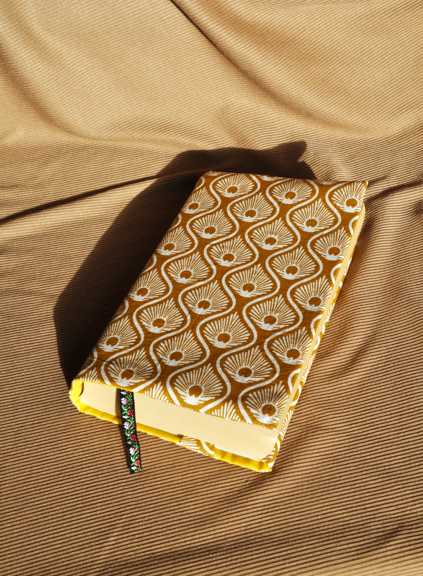 Japanese-Inspired Adjustable Fabric Book Dust Cover – Golden Fan Pattern | Paperback | One-of-a-kind