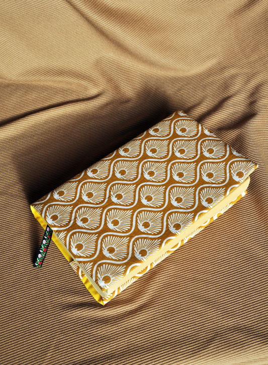 Japanese-Inspired Adjustable Fabric Book Dust Cover – Golden Fan Pattern | Paperback | One-of-a-kind