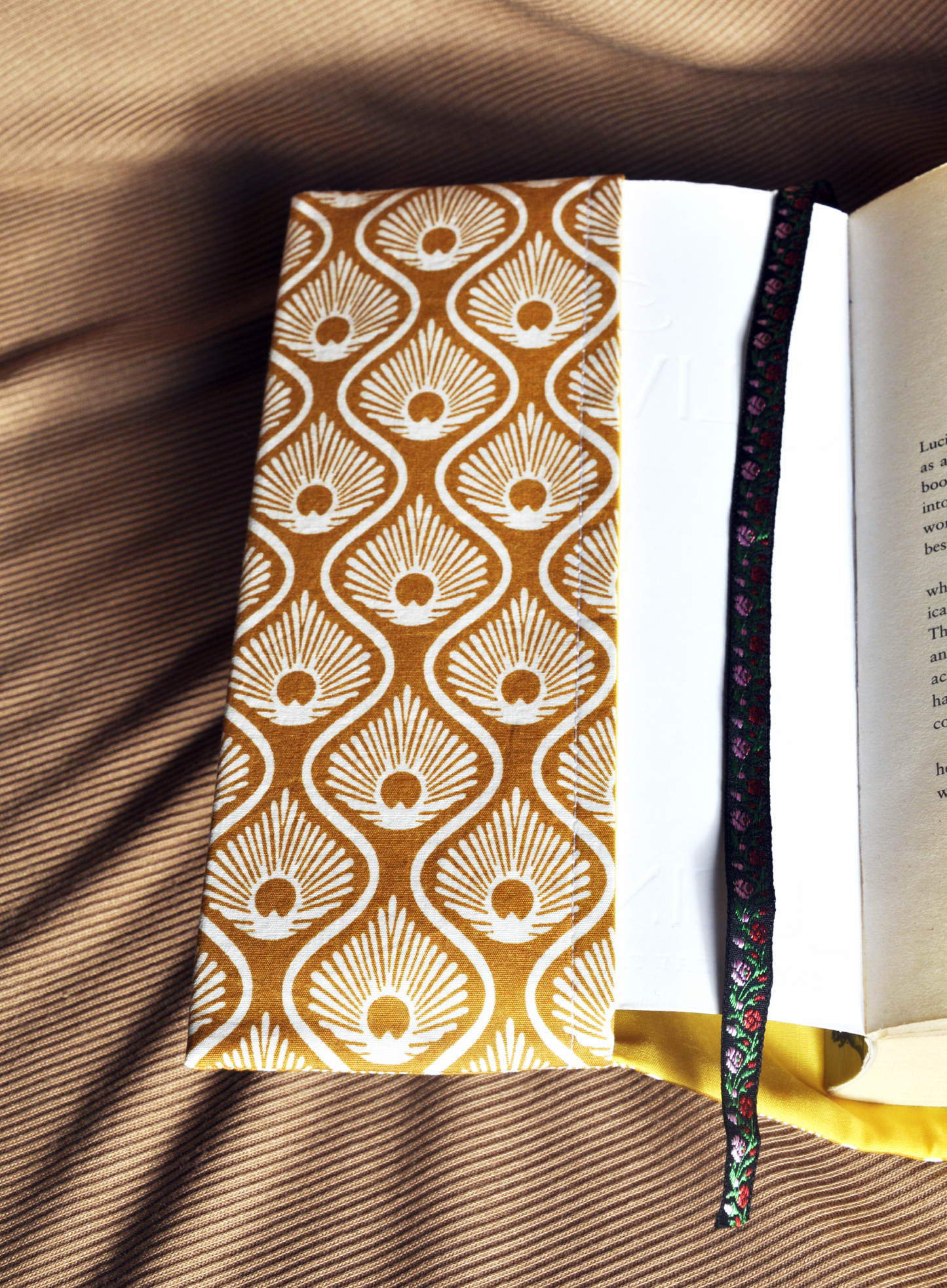 Japanese-Inspired Adjustable Fabric Book Dust Cover – Golden Fan Pattern | Paperback | One-of-a-kind