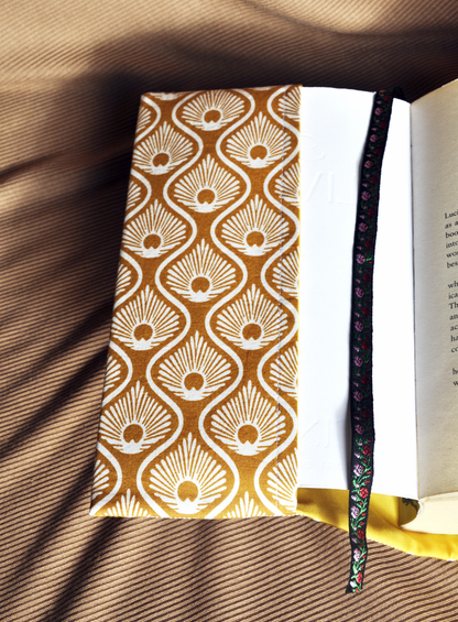 Japanese-Inspired Adjustable Fabric Book Dust Cover – Golden Fan Pattern | Paperback | One-of-a-kind