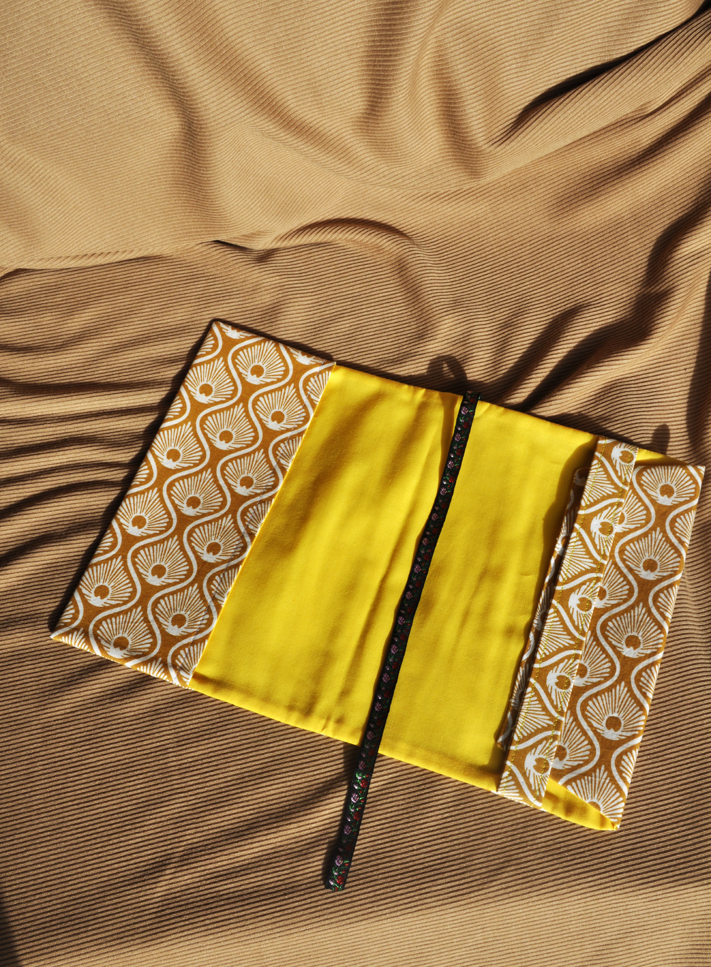 Japanese-Inspired Adjustable Fabric Book Dust Cover – Golden Fan Pattern | Paperback | One-of-a-kind