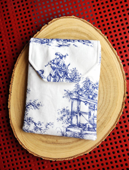 One-of-a-Kind Toile De Jouy Kindle Fabric Padded Sleeve. Blue and White