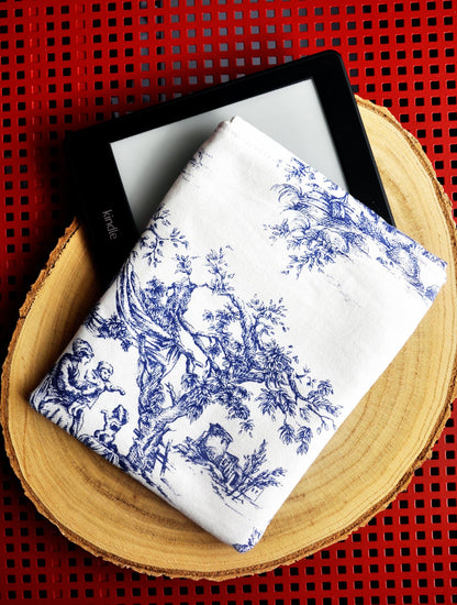 One-of-a-Kind Toile De Jouy Kindle Fabric Padded Sleeve. Blue and White