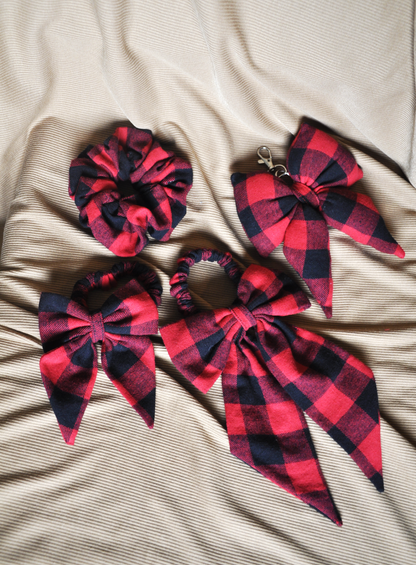 Handmade Red & Black Buffalo Check Hair Accessory Set | 4-Piece Scrunchie & Bow Bundle | Sustainable | One-of-a-kind | Eco-Friendly Gift