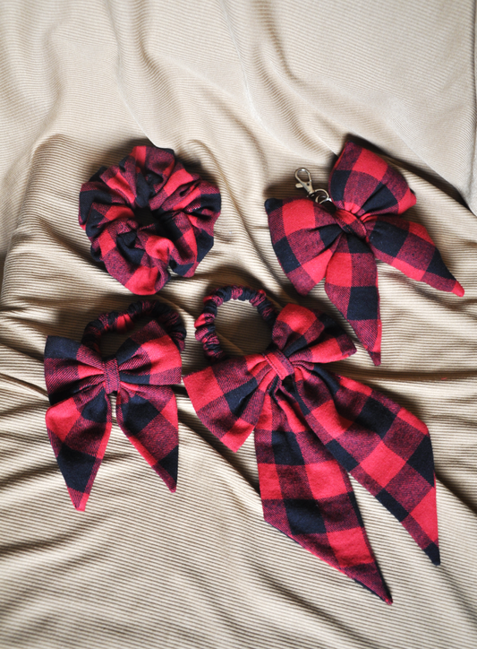 Handmade Red & Black Buffalo Check Hair Accessory Set | 4-Piece Scrunchie & Bow Bundle | Sustainable | One-of-a-kind | Eco-Friendly Gift
