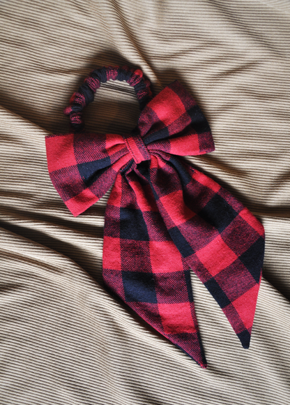 Handmade Red & Black Buffalo Check Hair Accessory Set | 4-Piece Scrunchie & Bow Bundle | Sustainable | One-of-a-kind | Eco-Friendly Gift