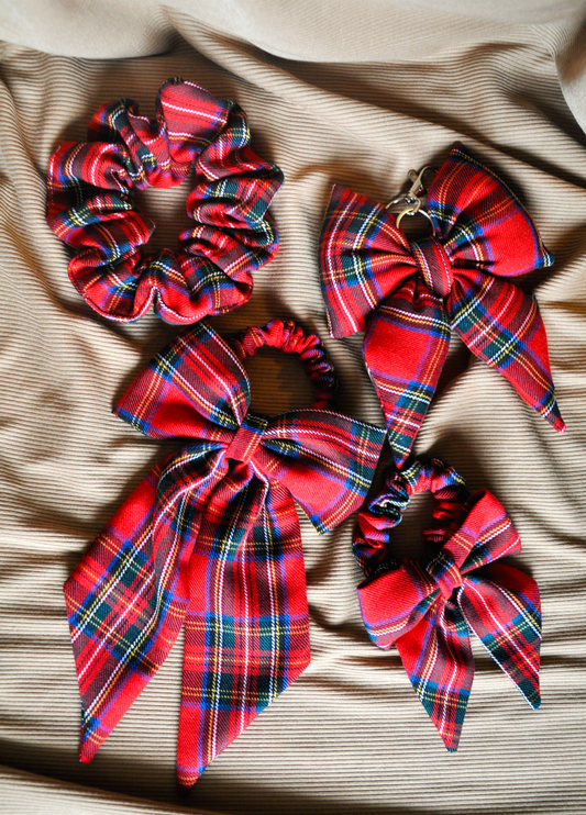 Handmade Red Tartan Hair Accessory Set | 4-Piece Scrunchie & Bow Bundle | Sustainable | One-of-a-kind | Eco-Friendly Gift