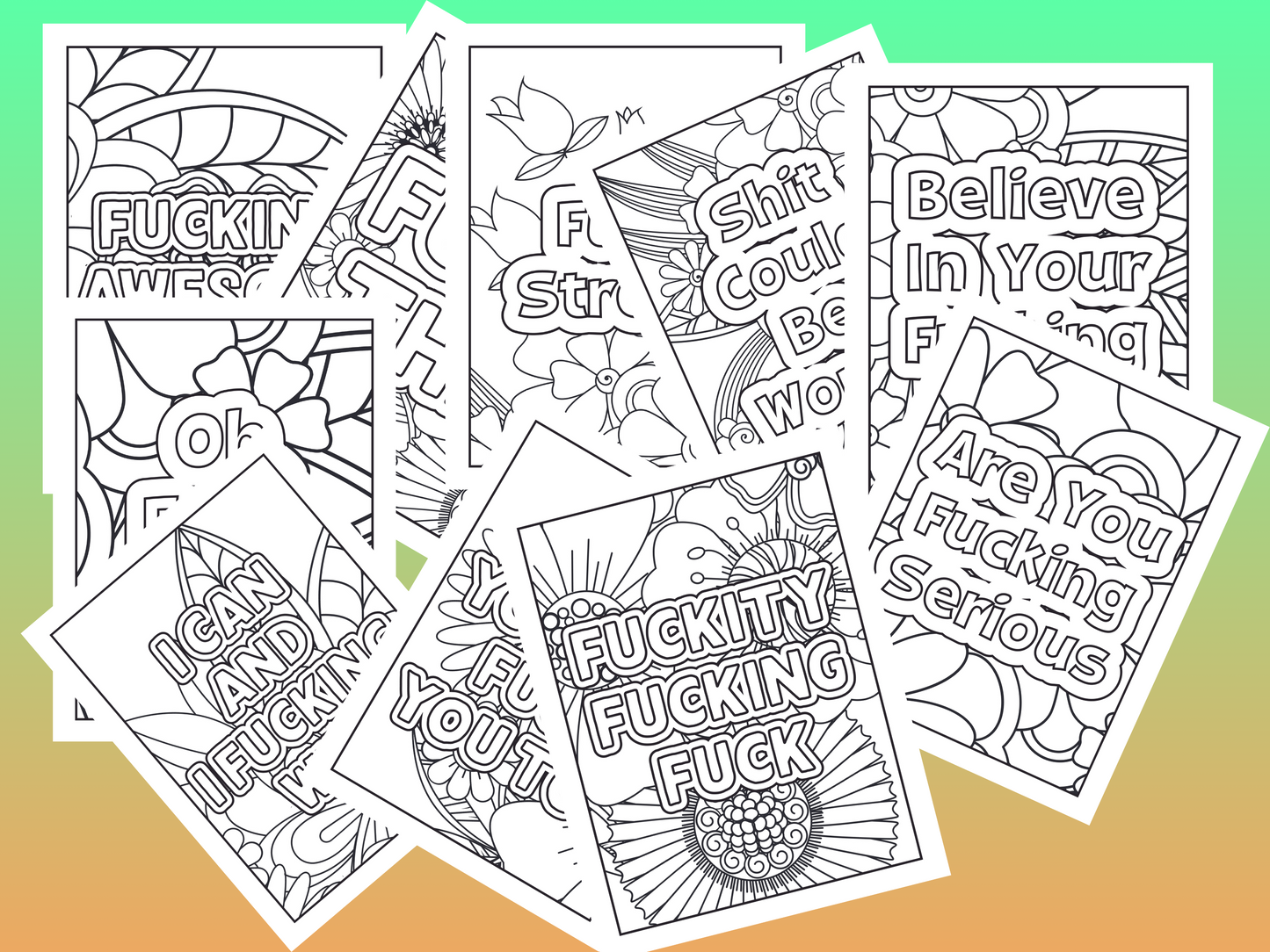 Sweary Printed Colouring Pages for adults, de-stress letterbox gift idea, mental health