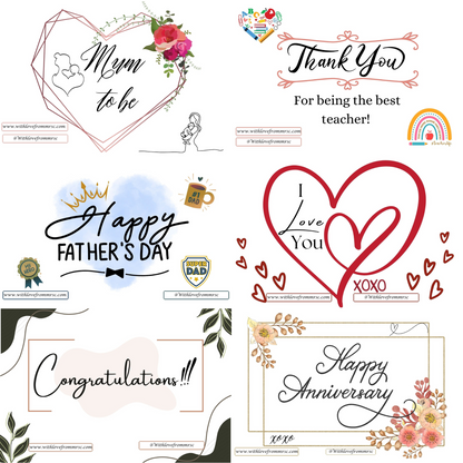 stickers are: mum to be, thank you for being the best teacher, happy fathers day, i love you, congratulations, happy anniversary