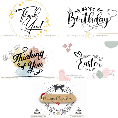 stickers are: thank you, happy birthday. thinkinf of you, hapy easter. merry christmas