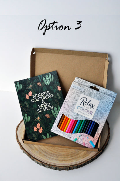 showing 1 mindful colouring and word search book in green and 1 set of 20 colouring pencils