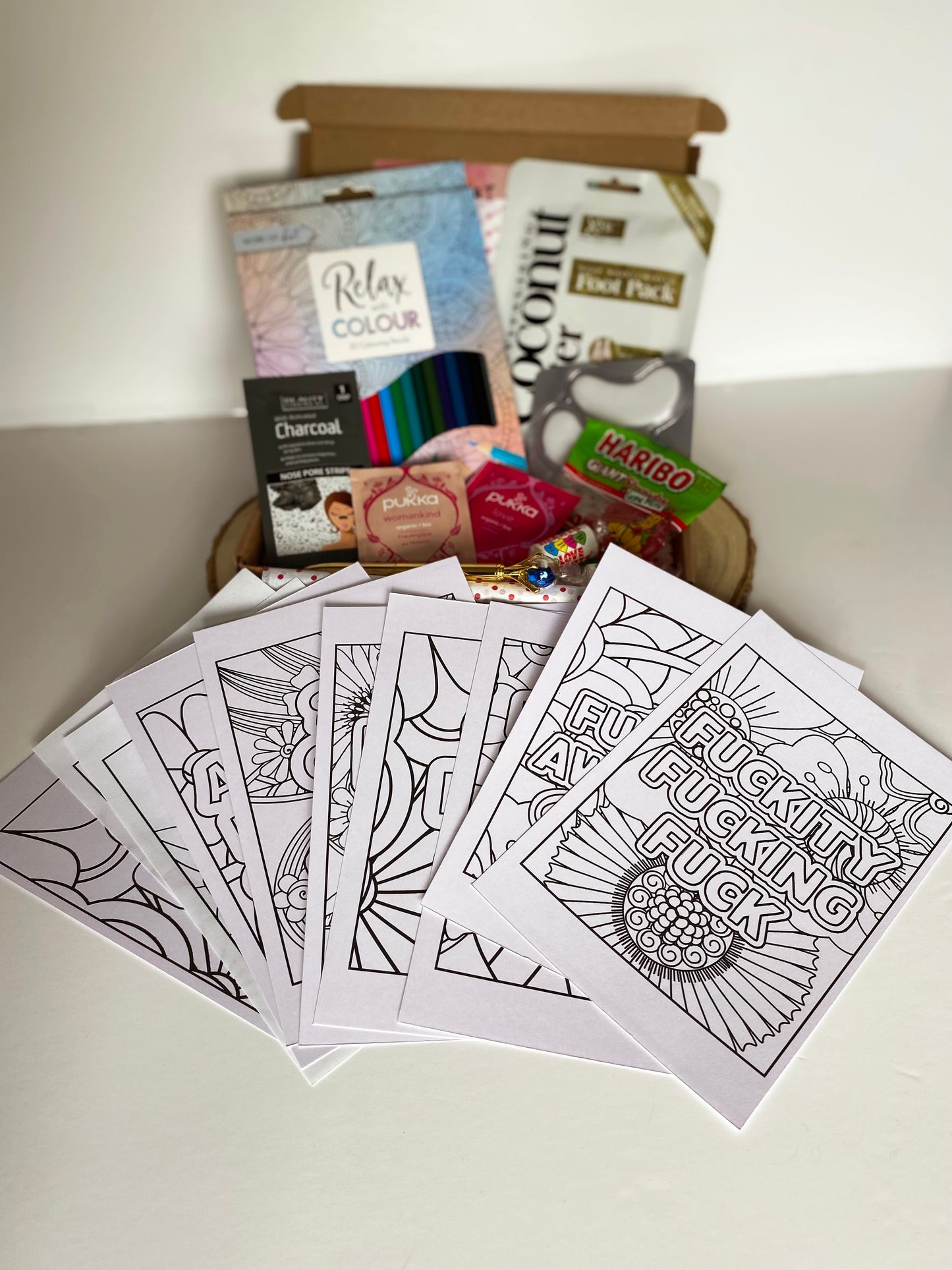 Sweary Printed Colouring Pages for adults, de-stress letterbox gift idea, mental health