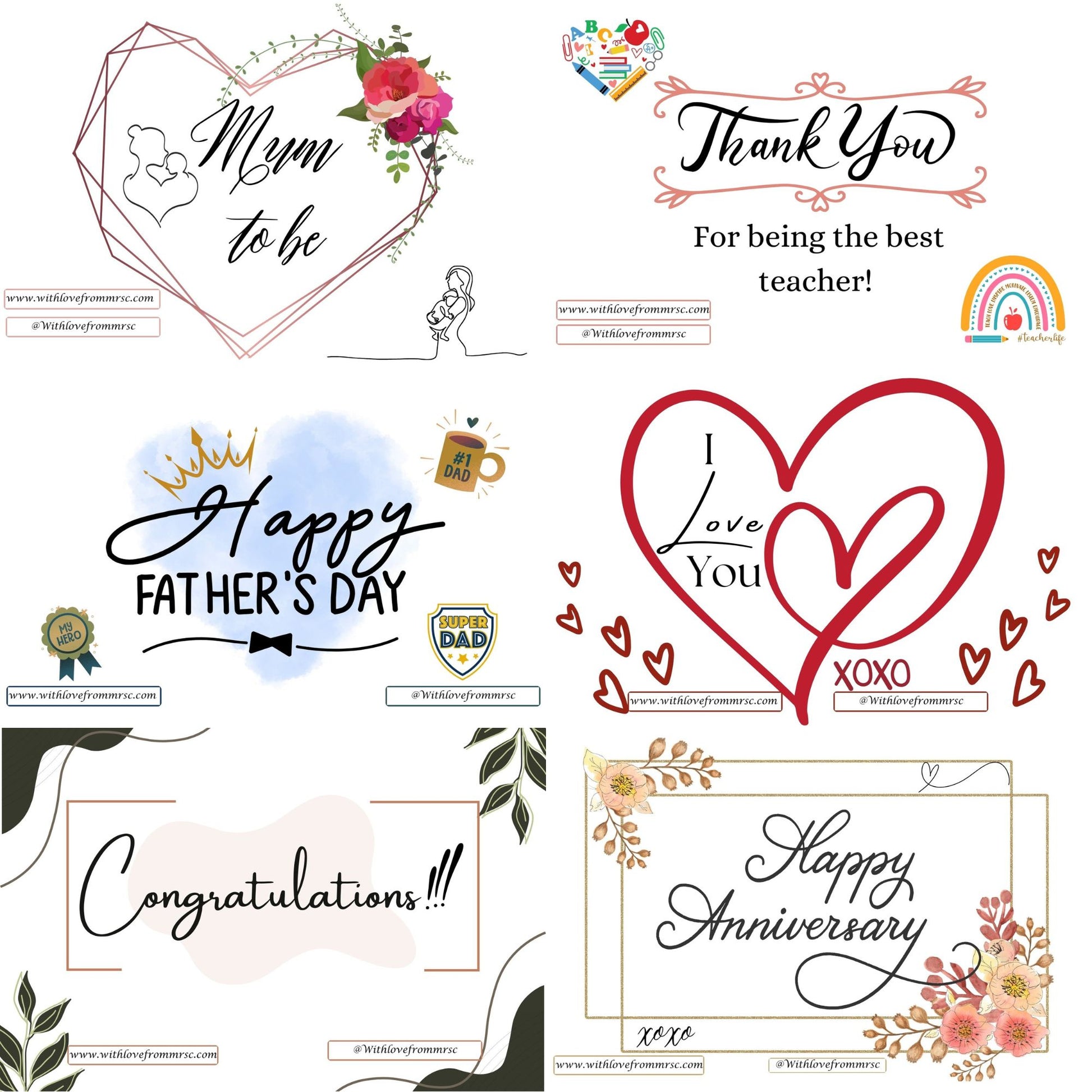 stickers that go inside the box shown here are: mum to be, thank you for being the best teacher, happy father's day, I love you. Congratulations, Happy anniversary