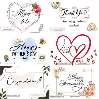 stickers that go inside the box shown here are: mum to be, thank you for being the best teacher, happy father's day, I love you. Congratulations, Happy anniversary